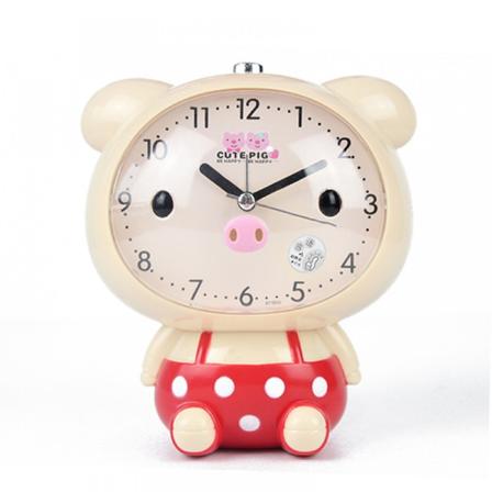 Reveilur for soverom, tegneserie vekkerklokke Piggy Pig klokke nattlys, studenters barnerom dekorasjon skrivebordsklokke (Beige)