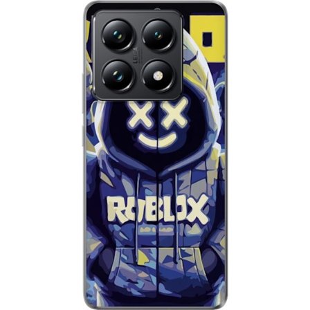 Kompatibel Mobilcover til Xiaomi Xiaomi 14T Blågul Roblox hættetrøje-figur med minimalistisk neonstil og mesh-ansigt, moderne spilillustration til