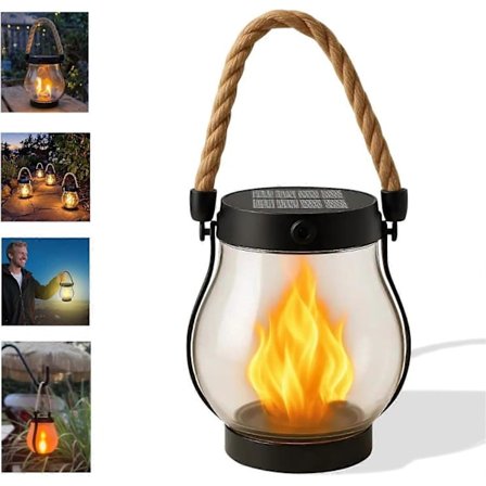 Solcellelykt utendørs, dansende flamme solcellelykt utendørs, hampetau hengende flammelampe, for camping sti hage gårdsplass dekor