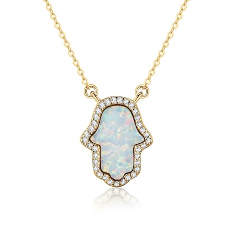 Opal Hamsa Hand of Fatima Berlock Äkta 925 Sterling Silver Halsband Smycken Långt Halsband med Kedja KLTN022