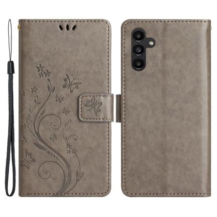 Perhoskuvioinen nahkakotelo Samsung Galaxy A54:lle, harmaa