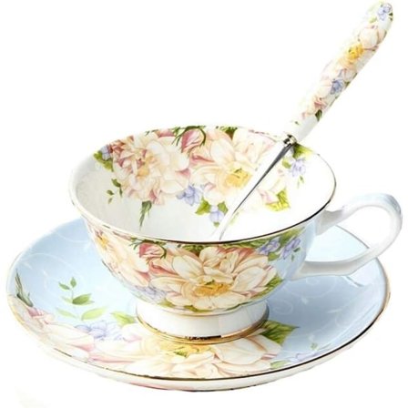 Gavesett Vintage Fine Bone China Tekopp Skje og Skålsett Gullkant Fine Mat og Borddekor (Blå Rose)