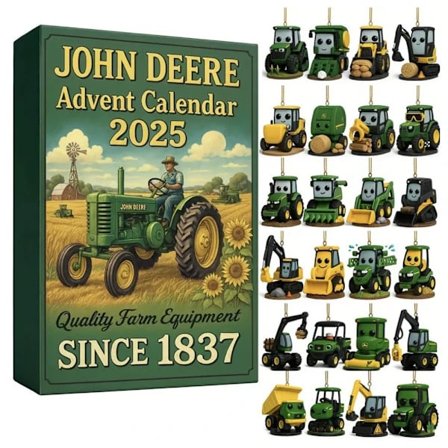 Joulukalenteri 2025, Maatalouslaitteiden kokoelma 24 traktorikoristeella, vintage-design