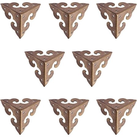 Sett med 8 miniatyr vintage messing hjørnebeskyttere med skydesign