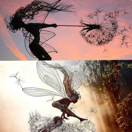 Fairy Garden Sculptures Stake Feer och maskrosor dansar tillsammans (C+D, 2 stycken)