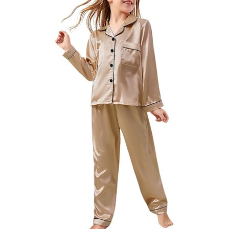Silke-satin pyjamassæt til børn, kortærmet pyjamas med knapper til drenge og piger, blødt nattøj til aldersgruppen 10-13 Champagne