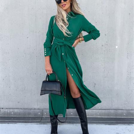 Våren Slim Lace-up Långärmad Klänning Dam Casual Turn Down Co