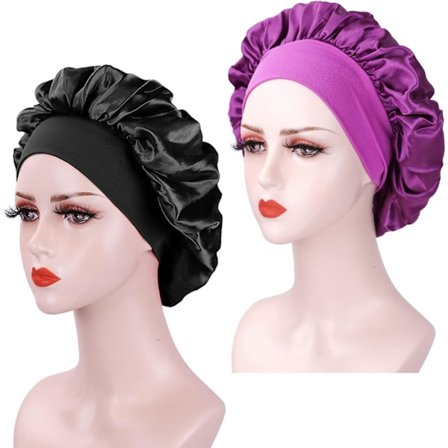 (Svart+Lilla) 2 stk. Silkehårhette for natten, satenghette for kvinner, myk elastisk satenghette, silkenattlue, S