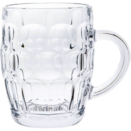 Klassiske ølkrus i pint-stil, glaskande, gammel pub-bar-stil, tankard med hank, ølkrus med fordybninger