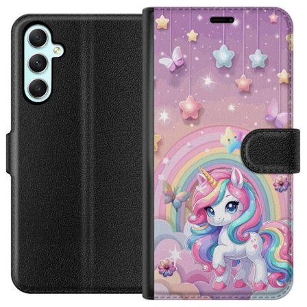 Kompatibel Tegnebogsetui til Samsung Galaxy A34 Magisk enhjørning med regnbue manke, stjerner og sommerfugle mod en pastelfarvet himmel med skyer