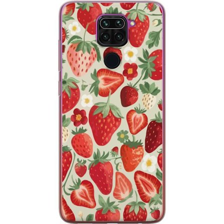 Yhteensopiva Puhelinkuori Xiaomi Redmi Note 9 Koristeellinen kuviointi, jossa on punaisia mansikoita, vihreitä lehtiä ja pieniä kukkia