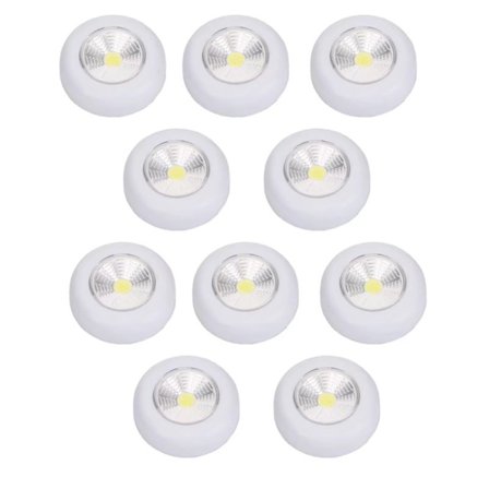 Selvklebende rund COB LED-spotlight, ingen batterier, hvit pakke med 10 stk