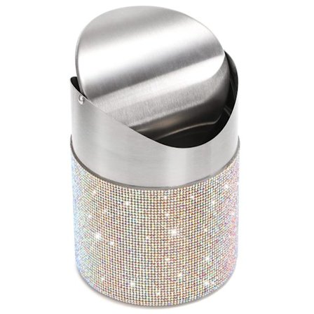 Benkeplate Søppelbøtte, 1,5 Liter Bling Rhinestone Søppelkasse med Svinglokk for Hjem, Kontor, Sminkebord, Soverom, Bad