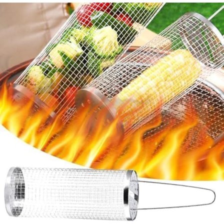 2 stk. Rullende Grillkurve til BBQ, Rundt Rustfrit Stål, Bærbar Udendørs Campinggrill til Grøntsager, Pommes Frites, Fisk