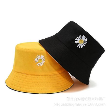 Wekity Bucket Hat Dam dubbelsidig sommarsolskyddshatt Casual Pot Hat, Svart - Gul, Small Daisy