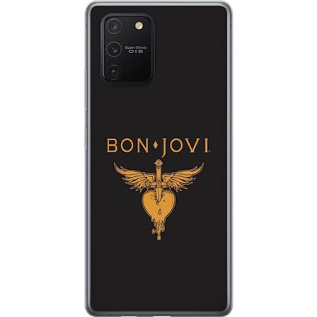 Kompatibelt Mobilskal till Samsung Samsung Galaxy S10 Lite Ikonisk musikillustration med bevingat hjärta och dolk i guldtoner på mörk bakgrund, kra