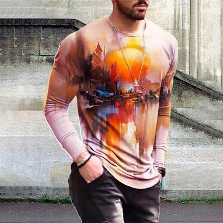 Män Långärmad Basic Tee Tie Dye Crew Neck Color Block Tops