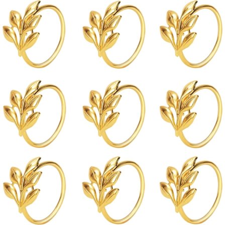 Sæt med 18 servietringe i bladform, metal, guld, servietholder til bord