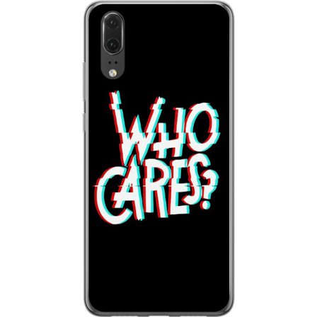 Kompatibelt Mobildeksel til Huawei P20 Glitch typografi med teksten "who cares" i rødt og cyan på en svart minimalistisk bakgrunn.