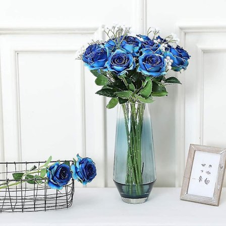 Kunstige Silke Rose Blomster Enkelt Stilk Realistisk Falsk Rose For Bryllupsbukett Blomst, 10 stk (blå)
