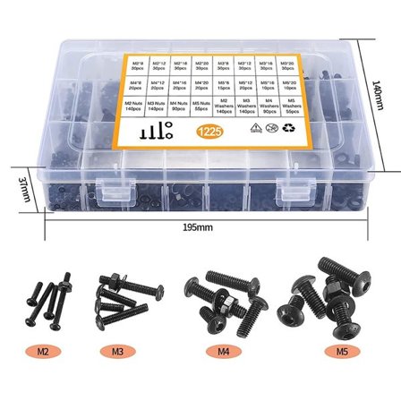 Kasse med indvendige sekskantskruer, møtrikker og skiver 1225 stk. i kulstofstål