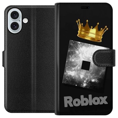Kompatibelt Lommeboketui til Apple Apple iPhone 16 Plus Minimalistisk svart og sølvfarget Roblox-symbol med gylden krone og luksuriøs gamer-estetikk