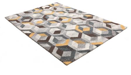 160X230 Geometric Cube Rug - Grey/Gold Wool
