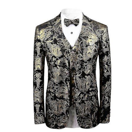 Miesten ylellinen paisley-kuvioinen kultainen kiiltävä painettu tyylikäs slim fit -napillinen bleiseritakki f74