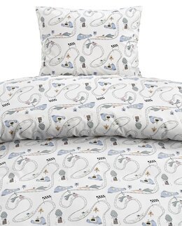 Pussilakanasetti Mini Rally painettu lasten kuvio 2-osainen Valkoinen