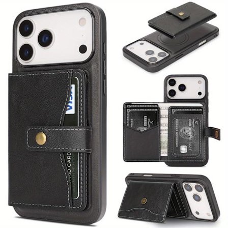 Wallet Case til iPhone 17 6.27 Tommer med Kortholder & Kortpladser, Magnetisk Lås, Holdbart Stødsikkert Beskyttelsescover, Sort