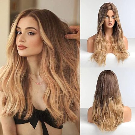Lång lockig peruk för kvinnor Ombre mörkbrun till blond peruk naturlig look
