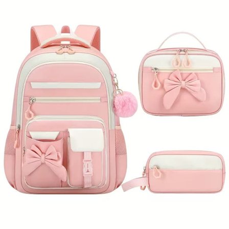 3-delt Ryggsekksett for Kvinner med Sløyfe, 15,6 Tommers Laptopryggsekk, Romslig Skolesekk med Lommer