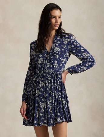 Polo Ralph Lauren Floral Buttoned Crepe Dress - Navy - 34