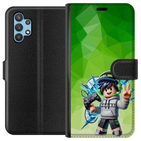 Kompatibelt Lommeboketui til Samsung Galaxy A32 5G Roblox-inspirert gamerfigur med headset, håndkontroll og energiske effekter mot grønn bakgrunn