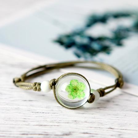 Käsintehtyjä kuivattuja kukkia kasvinäyte rannekoru lasipallo voikukka tähti rannekoru tyttöystävät parin lahja teräs L Peach Blossom Green Bracelet