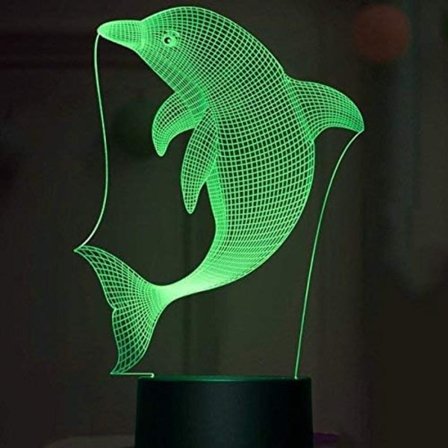 3D Delfin Fisk Natlampe Illusion 7 Farveskiftende Berøringskontakt Bordskrive Dekorationslamper Gave Akryl Flad ABS Base USB Kabel Legetøj (Blå)