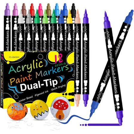 Akrylfarvefarvemarkører til børn, 18 farver dobbelt spids vandfast markørpennesæt, hurtigtørrende og permanent