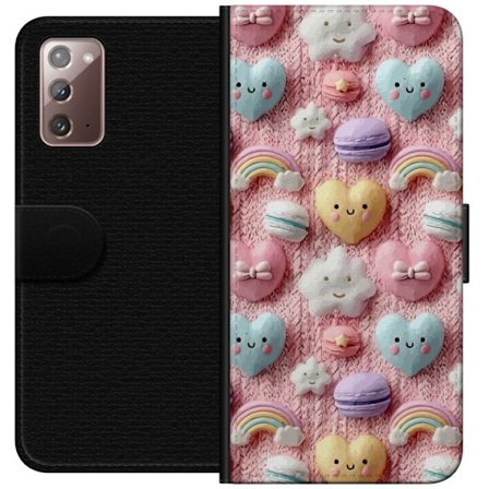 Kompatibelt Lommeboketui til Samsung Galaxy Note20 Pastellmotiv med hjerter, skyer, regnbuer og makroner mot rosa bakgrunn i en søt drømmende stil.