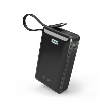 Powerbank SBS 20000 mAh 20W med indbygget USB-C-kabel og digitalt display - sort
