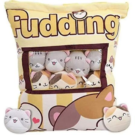 Mjuk plysch snacks kudde söt katt fylld pudding kudde med avtagbara kattunge dockor för säng soffa gul 1