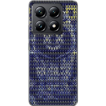 Kompatibelt Mobilskal till Xiaomi Xiaomi 14T Pro Upprepande mönster med mystiska hoodie-figurer i blått och gult, grafisk gaming-inspirerad bakgrund
