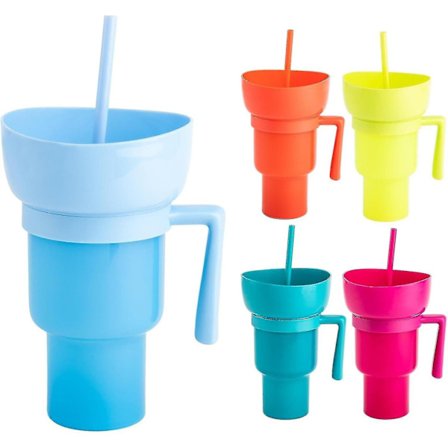 Snack og drikkekop 2 i 1, stadion tumbler, snack kop skål med sugerør, genanvendelig snack og drikkekop, stænksikker lækagesikker bærbar snack kop, 2-