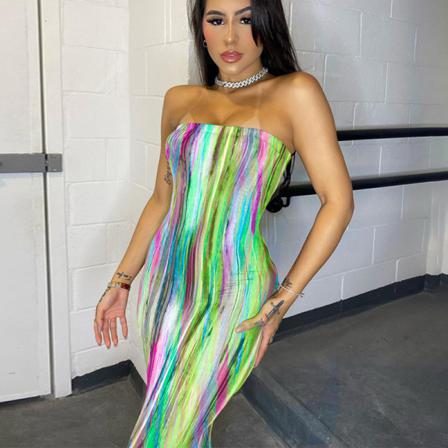 Sommar Ärmlös Twill Krage Tie Dye Style Tight Lång Kjol W