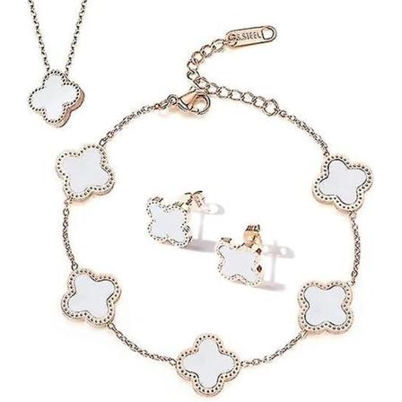 Mote firekløver smykkesett, dame titanstål halskjede ørepynt armbånd sett delikat emalje smykkesett for tenåringsjenter kvinner (hvit)