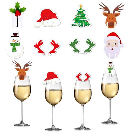 80-delars Jul Vinglas Markörer Set: Jultomte, Älg & Fler Designer – Festliga Vinglas Kortdekorationer & Trä Dri