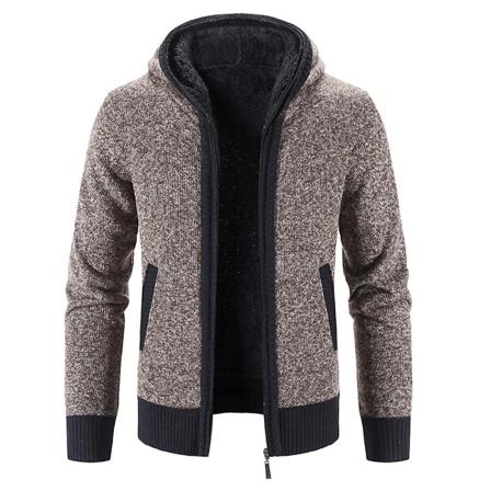 Casual Slim Full Zip Tjock Stickad Huv Cardigan Sweaters för män brun XXL