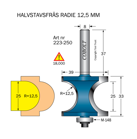 Cobolt 223-250 Halvendefres R=12,5 D=39 L=25/33, Maskintilbehør & forbruk