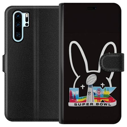 Kompatibelt Lommeboketui til Huawei P30 Pro Bad Bunny portrett med åpen skjorte, tatoveringer og krøllete hår i stilfull motefotografering