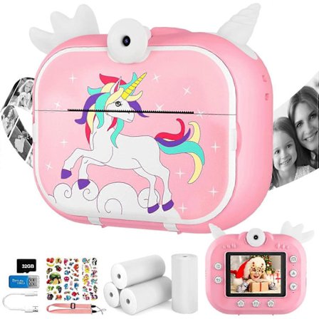 Lasten kamera välittömästi tulostava, 1080P välittömästi tulostava kamera lapsille, taaperokamera mustettoman tulostuspaperin ja 32 Gt SD-kortin 