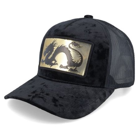 Calza Pennello - Svart trucker Keps - Chinese Dragon Gold Patch Velvet Black A-Frame Trucker @ Hatstore